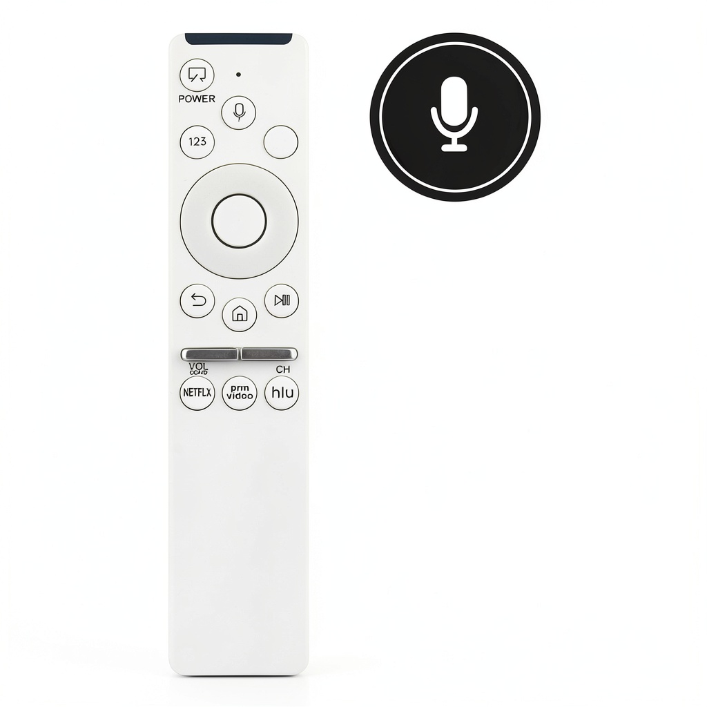 Samsung Voice Remote Replacement shown with compatible QLED TV