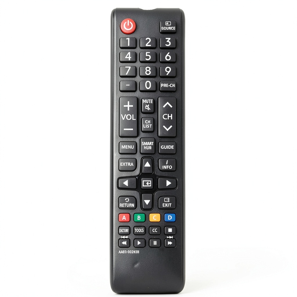 AA81-00243B remote control shown next to compatible Samsung TV