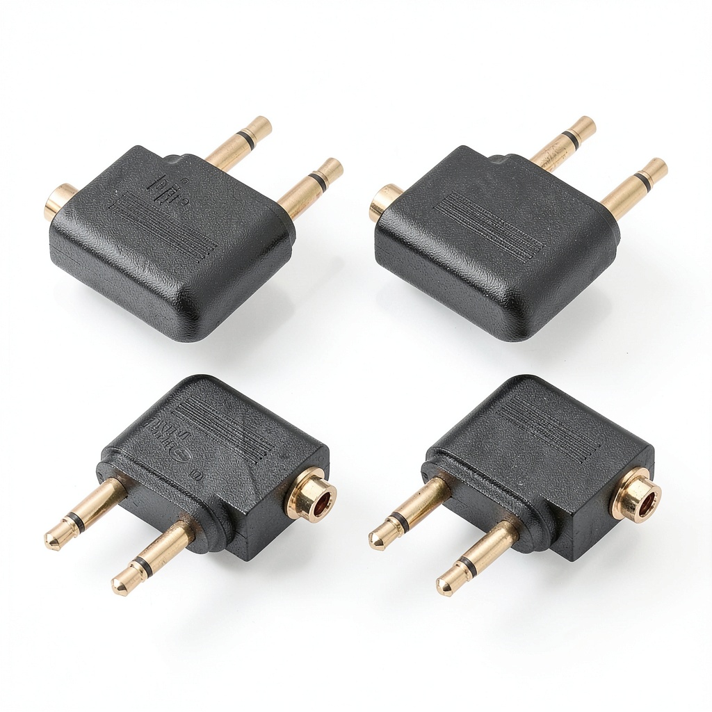Close-up of stereo audio adapter showing gold-plated connectors and black shell