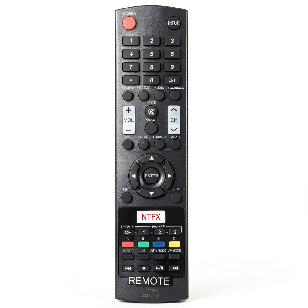 GJ221-C remote control next to a Sharp TV showing compatibility