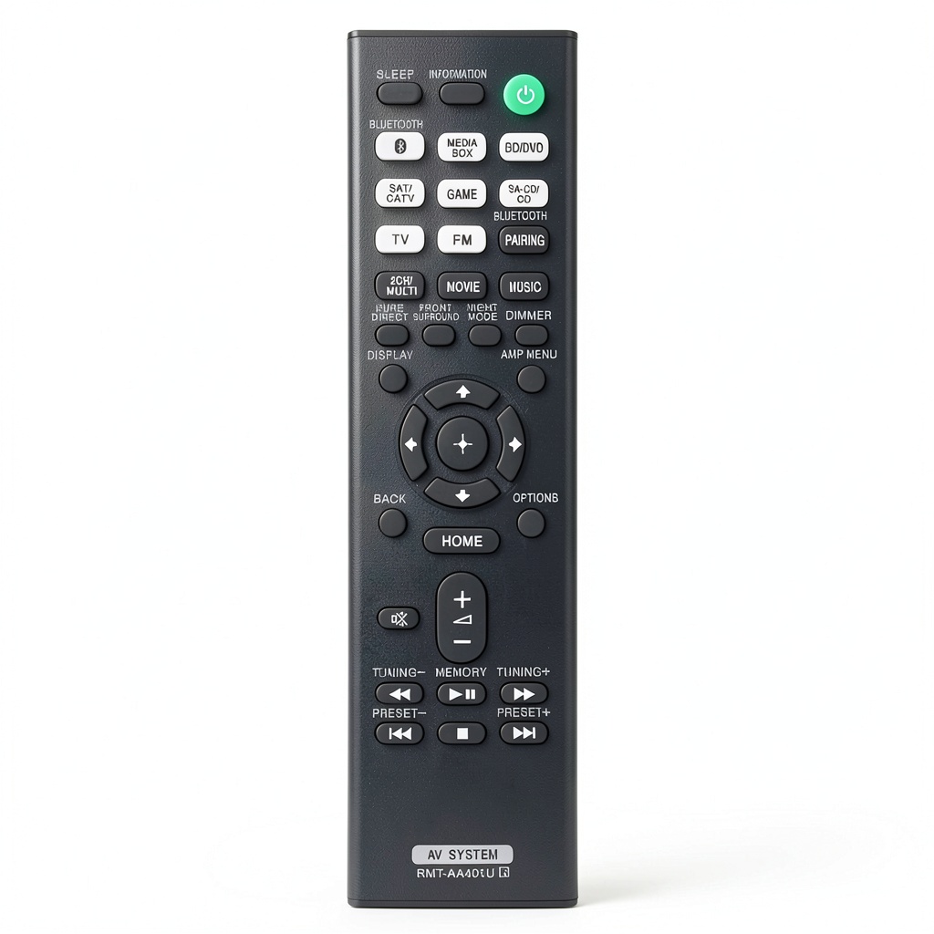 Sony RMT-AA401U remote control shown with compatible AV receiver
