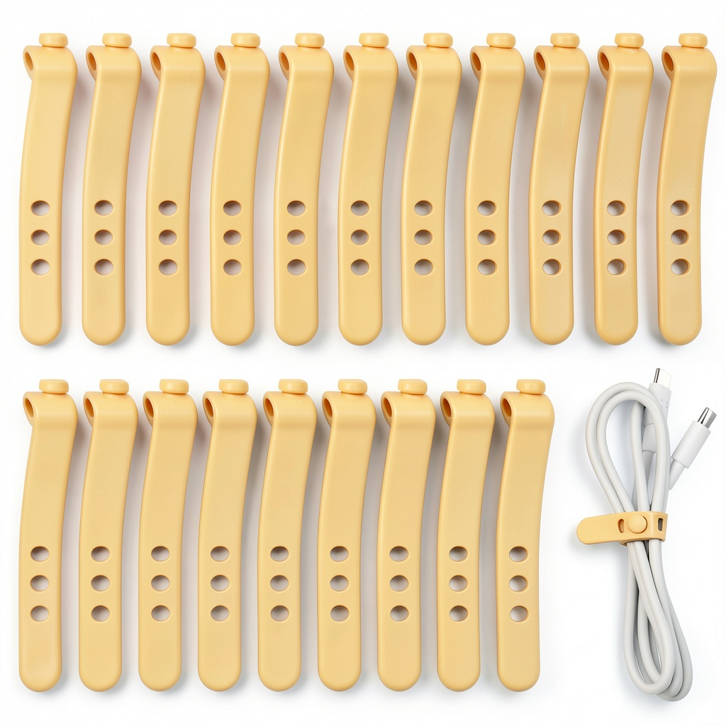 Gold silicone cable ties bundled around charging cables on a desk