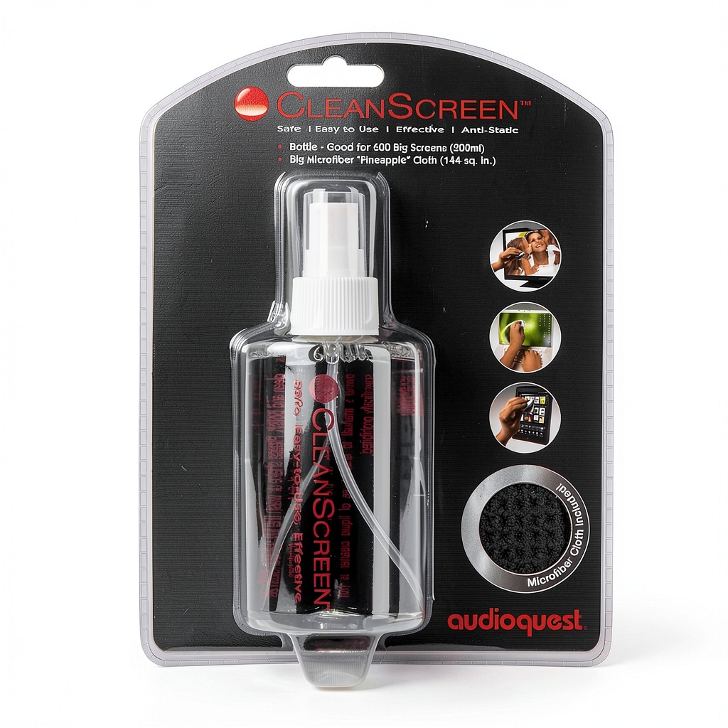AudioQuest CleanScreen kit with cleaner and cloth on a display